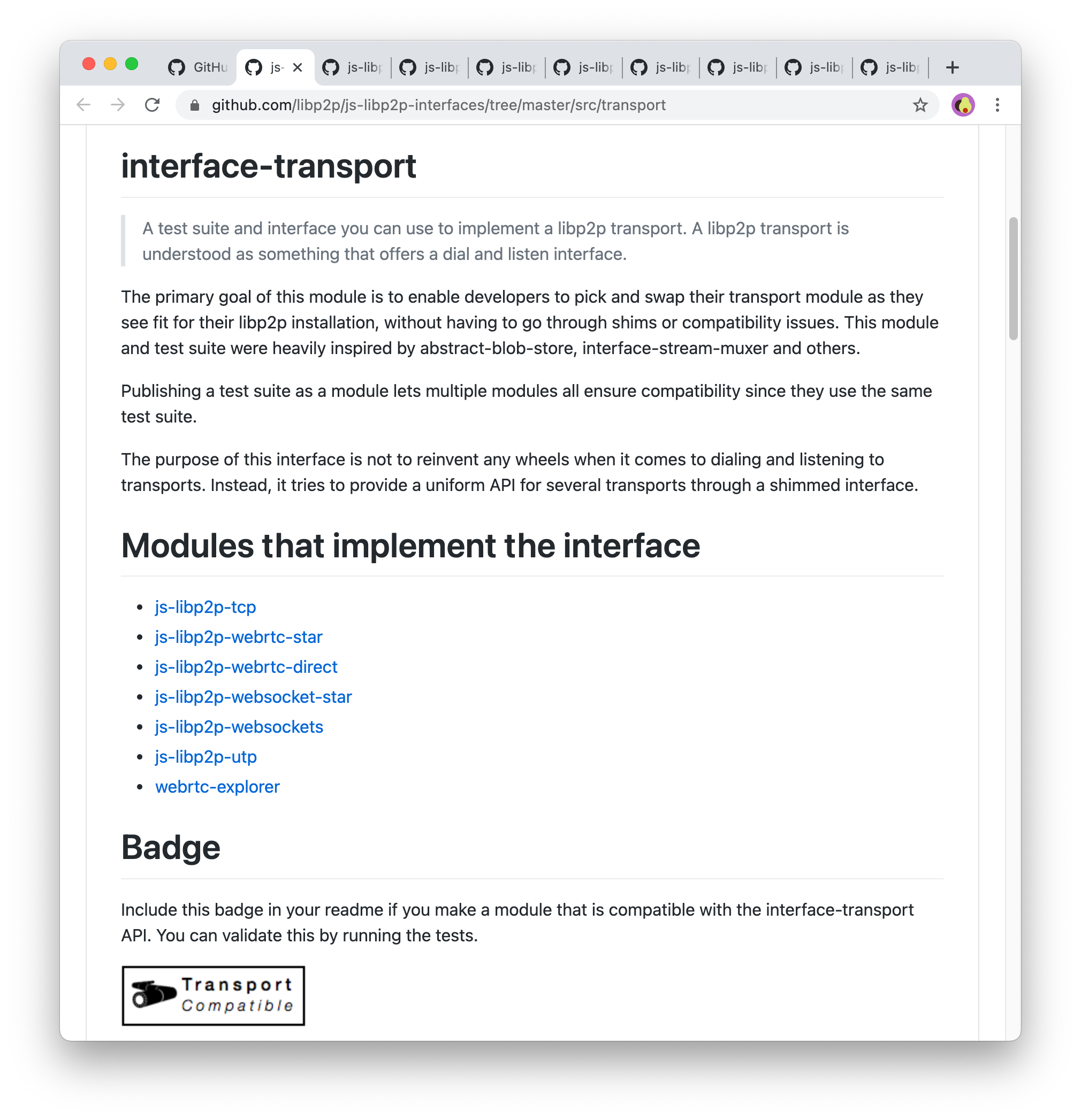 Screenshot of the transport interface documentation at github.com/libp2p/js-libp2p-interfaces/tree/master/src/transport