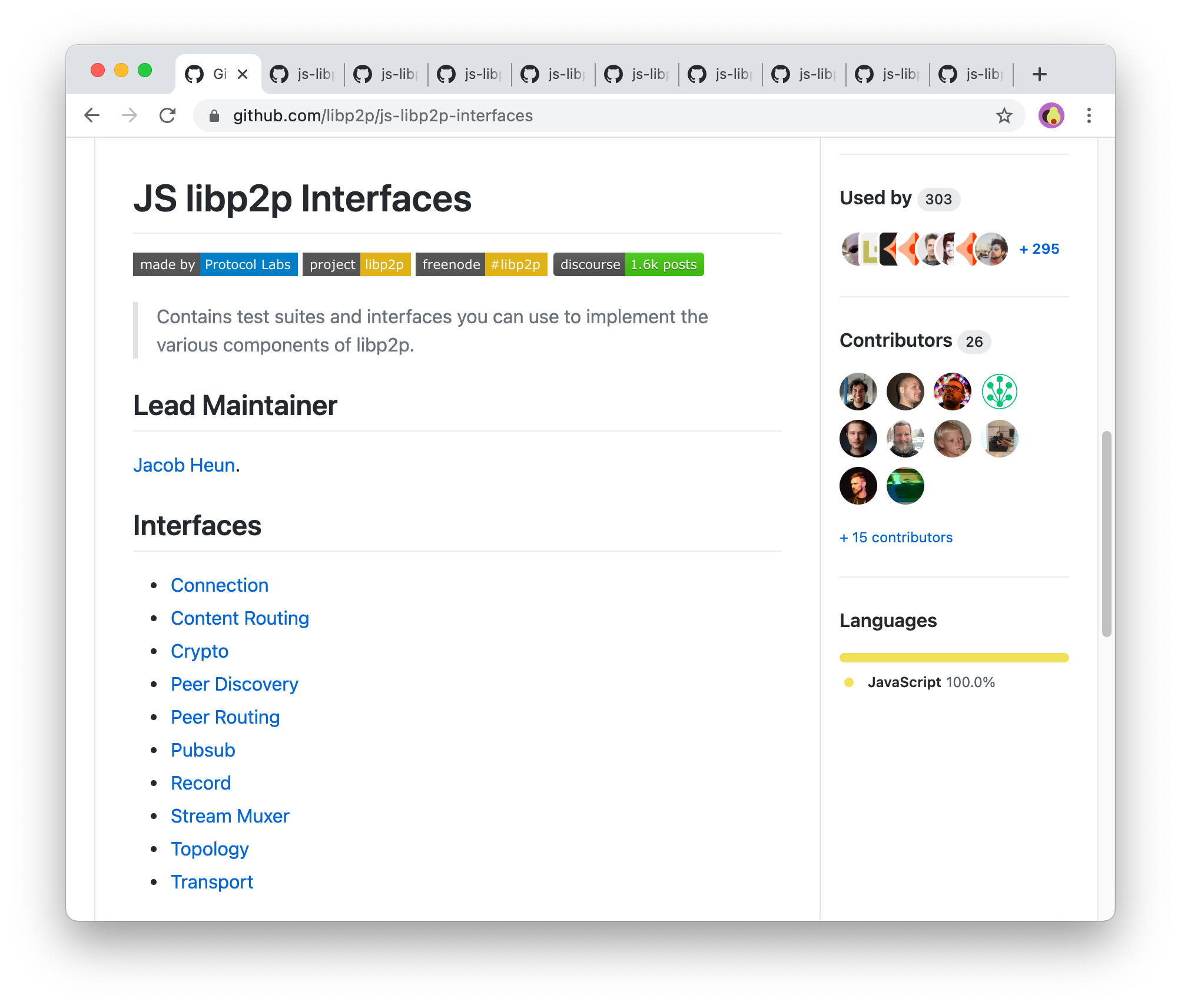 Screenshot showing the many interfaces listed at github.com/libp2p/js-libp2p interfaces